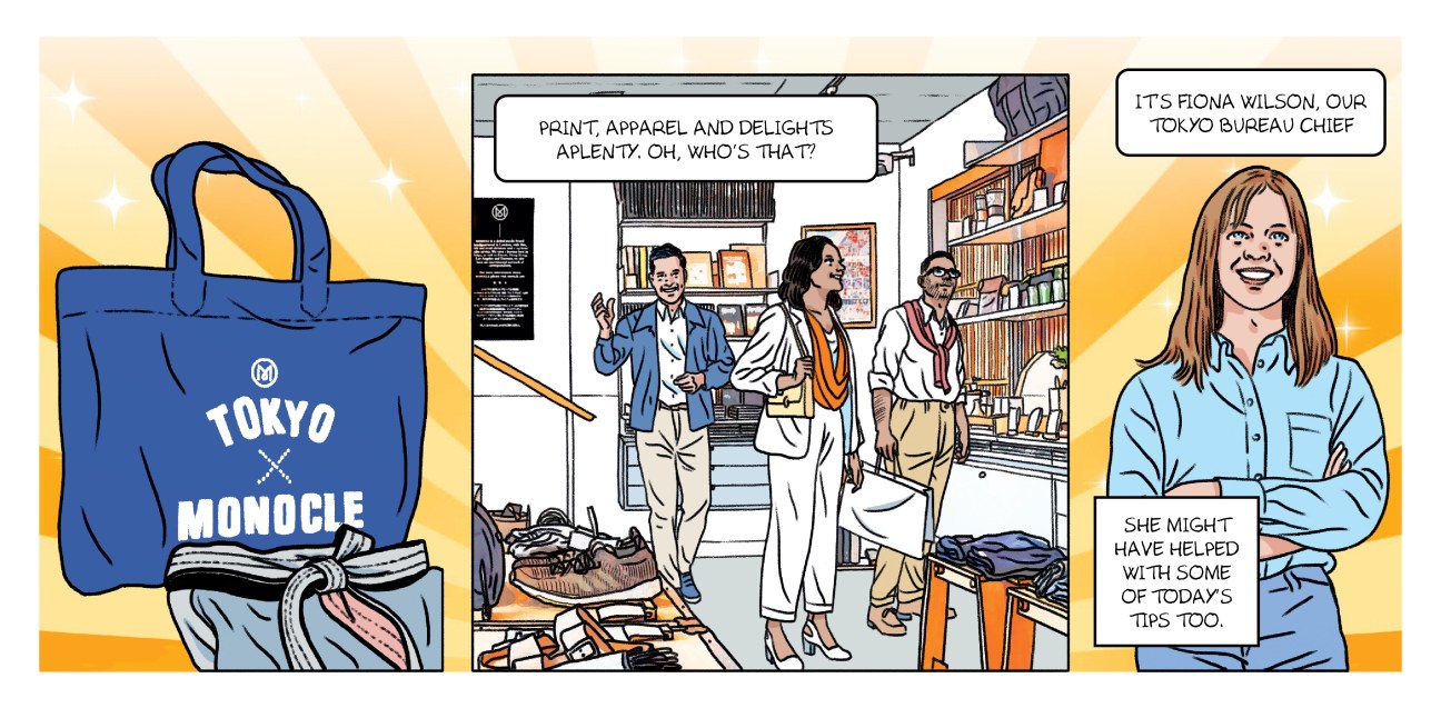 A comic book strip of a visit to the Monocle shop in Tokyo.
