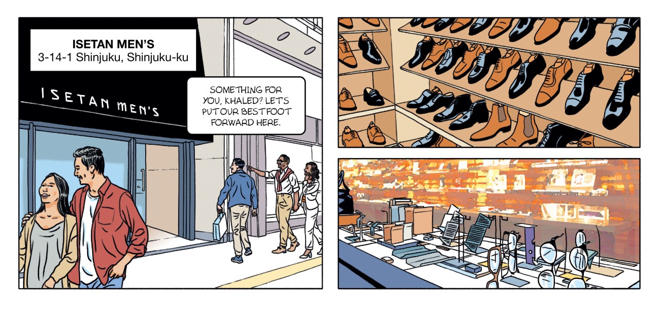 A comic book strip of a visit to the Isetan Men's store. 