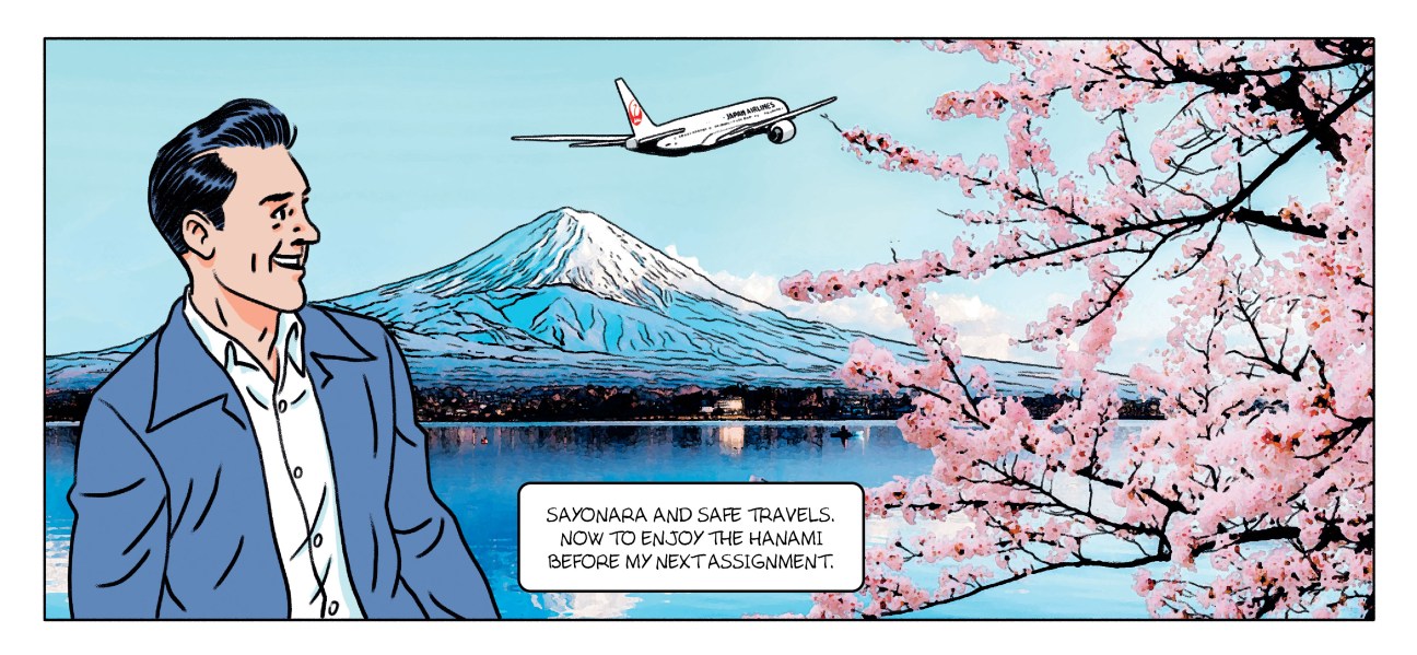A comic book strip of a man looking at a plane fly over Mount Fuji.