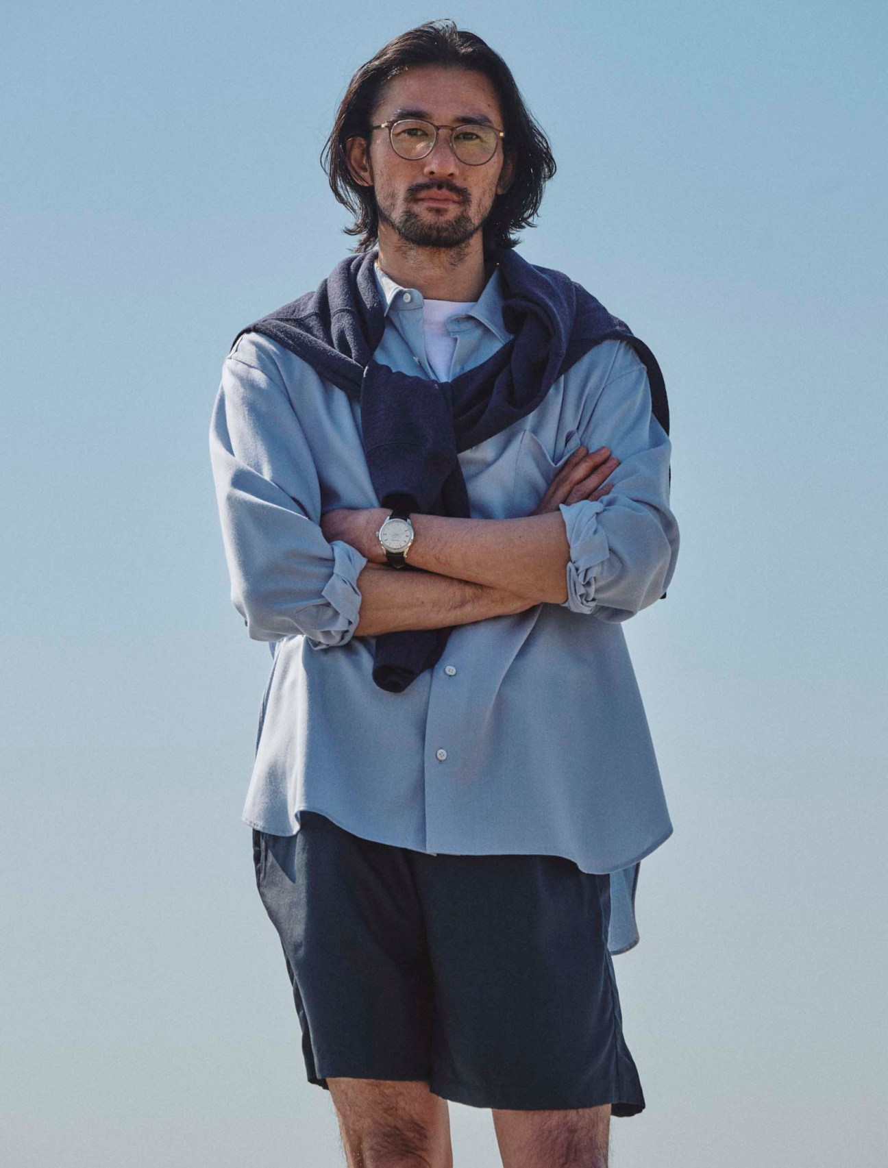 Hoodie by Visvim, shirt and shorts by Bodhi, t-shirt by Comoli,glasses by Mykita, sbgw301 watch by Grand Seiko
