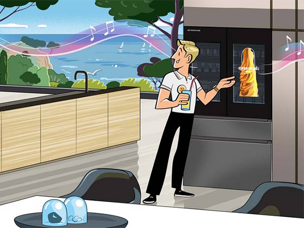 An illustration of a man standing in a kitchen.