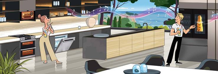 An illustration of two people standing in a kitchen surrounded by LG SIGNATURE products. 