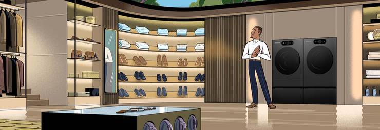 An illustration of a man standing next to two LG Signature dryers.