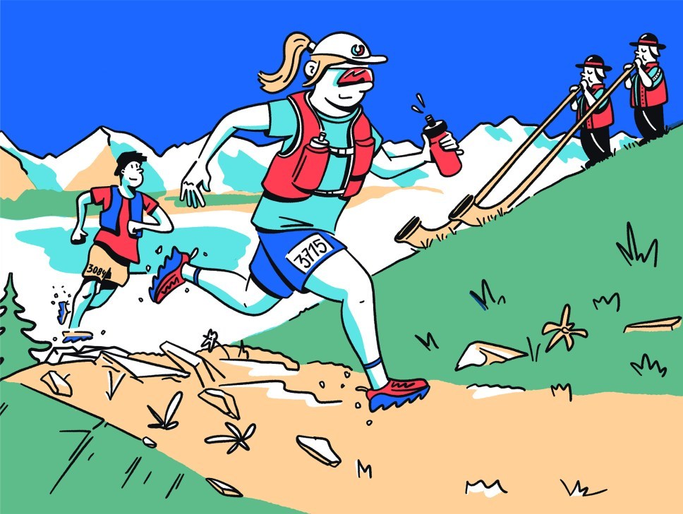 An illustration of runners on a mountain.
