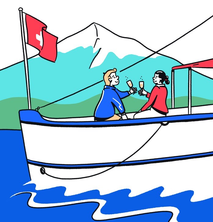 An illustration of a man and woman drinking on a boat.