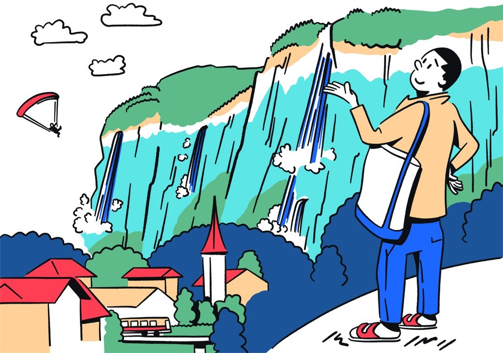 An illustration of a man looking down at a nearby town.