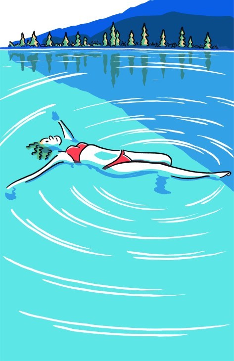 An illustration of a person swimming in a lake.