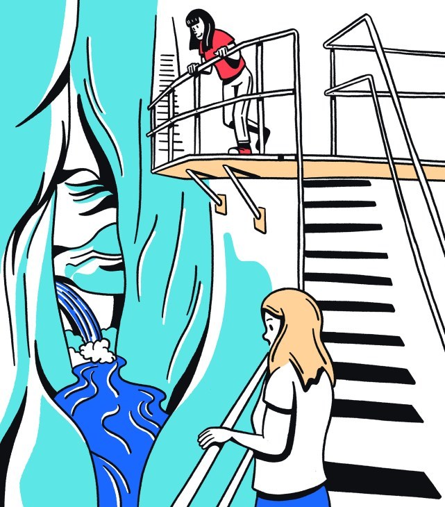 An illustration of two people looking down at a gorge.
