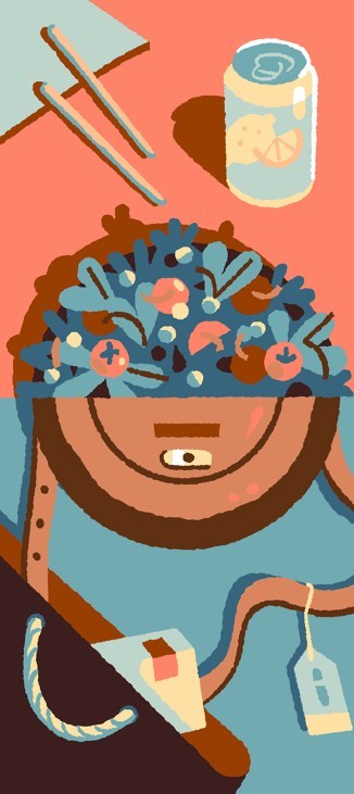 An illustration of a salad and a canned drink.