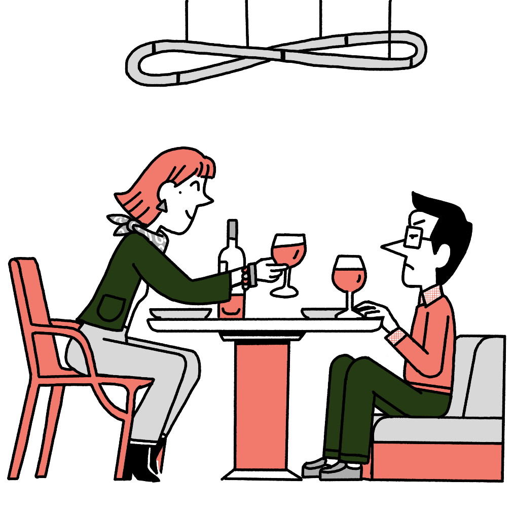 Illustration of Andrew Tuck shrinking on a restaurant banquette while his dining companion towers over him on a 'proper chair' 