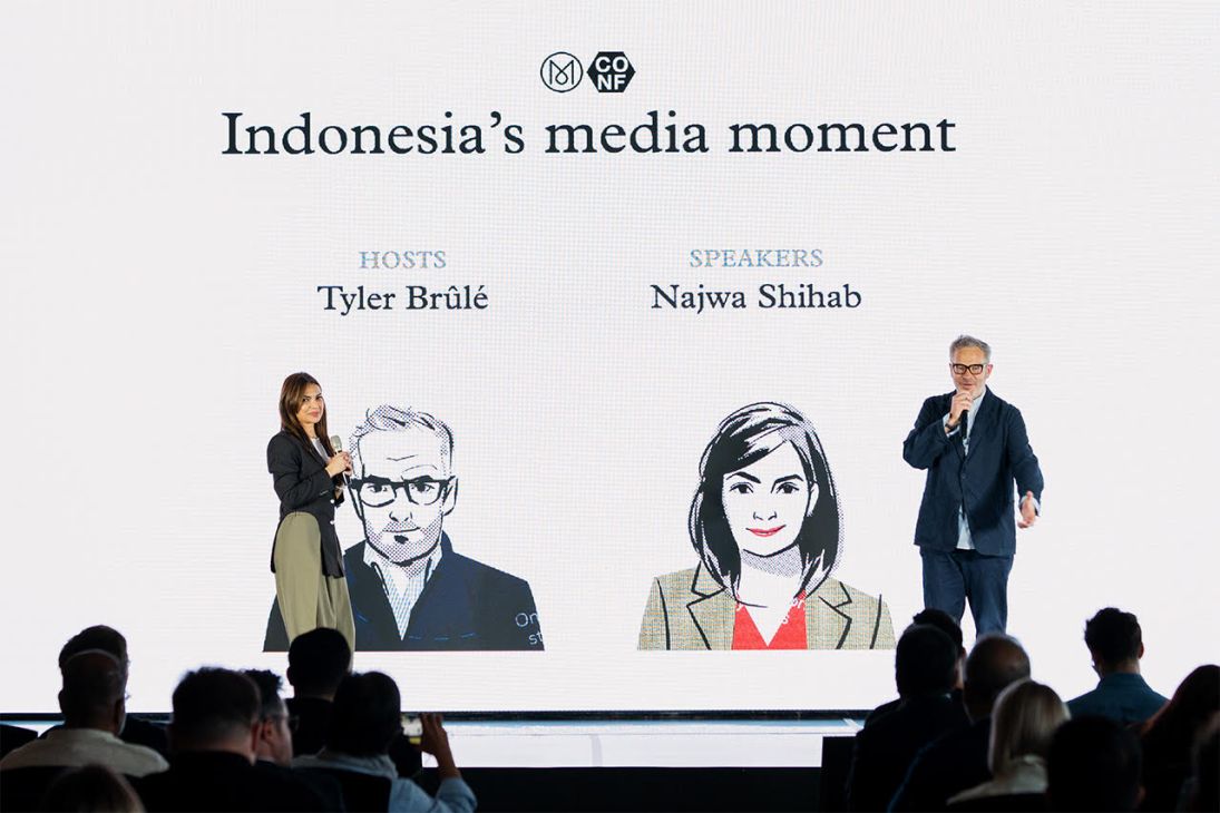 Tyler Brulé and Najwa Shihab on stage at The Chiefs in Jakarta 2025
