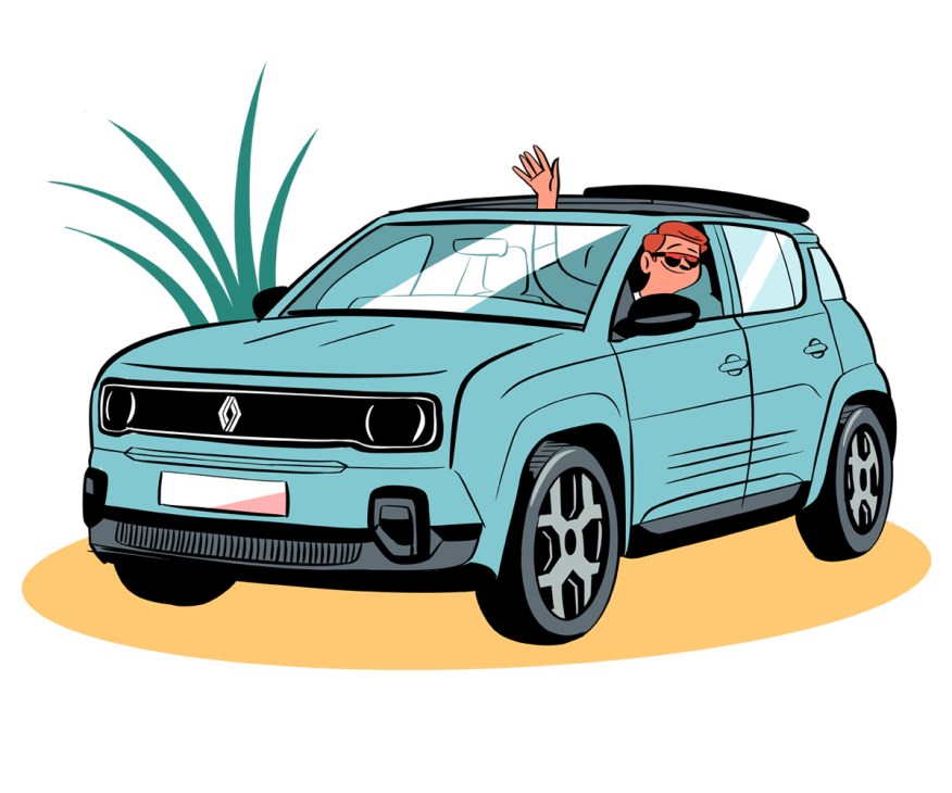 An illustration of a person driving an electric Renault 4