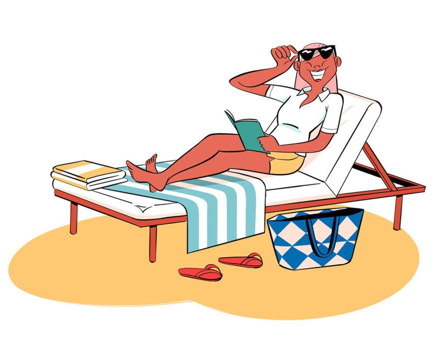An illustration of a person sitting on a sunlounger, reading