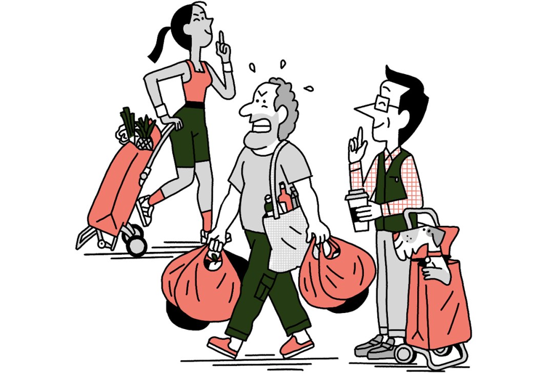 illustration of shoppers struggling with bags while Andrew Tuck enjoys the smooth glide of his Rolser shopping trolley