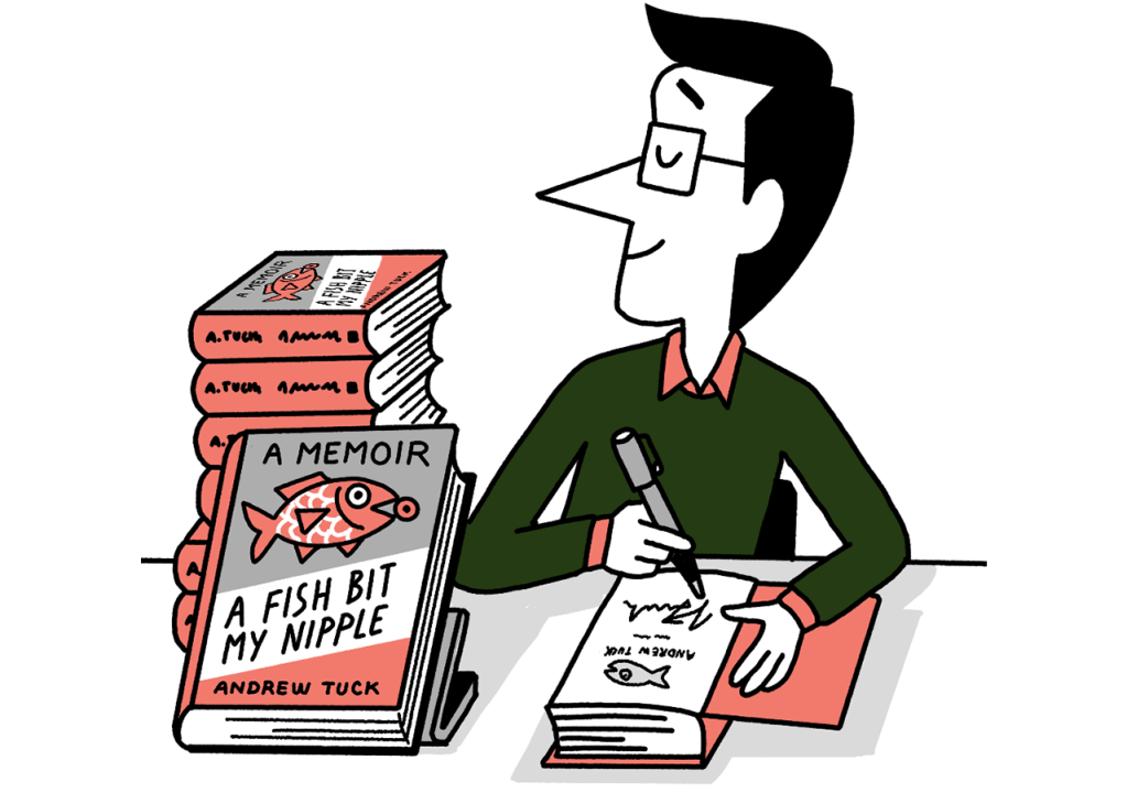 Andrew Tuck writing his memoirs - illustration