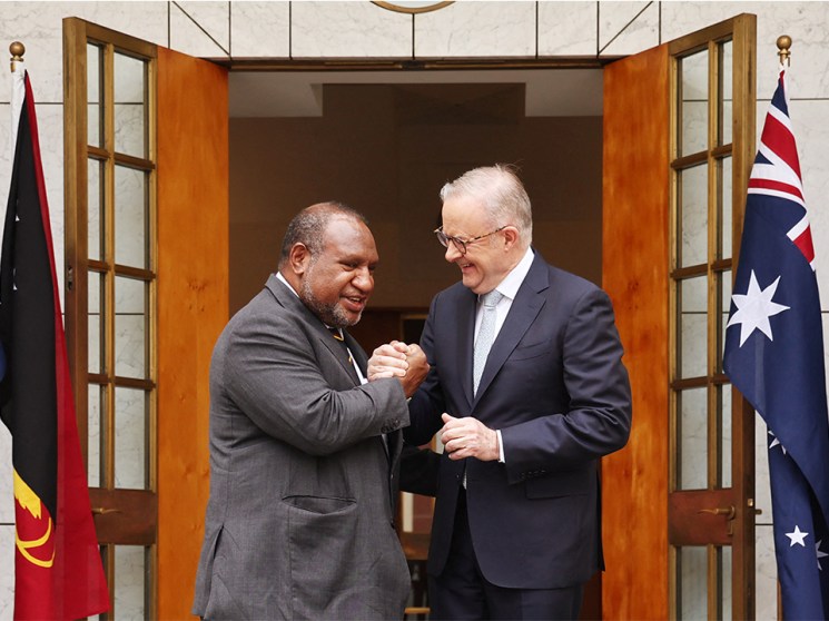 Australia's Prime Minister Anthony Albanese greets Papua New Guinea's Prime Minister James Marape before a signing ceremony at Parliament House in Canberra
