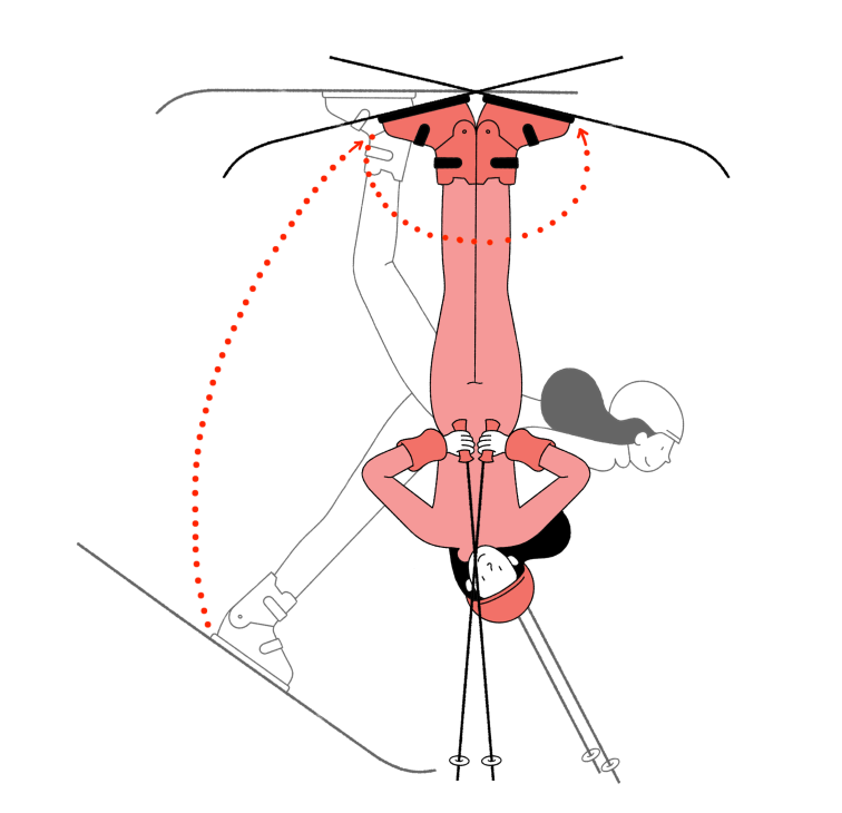 Illustration demonstrating a 'gut flip with full twist' move in ski ballet