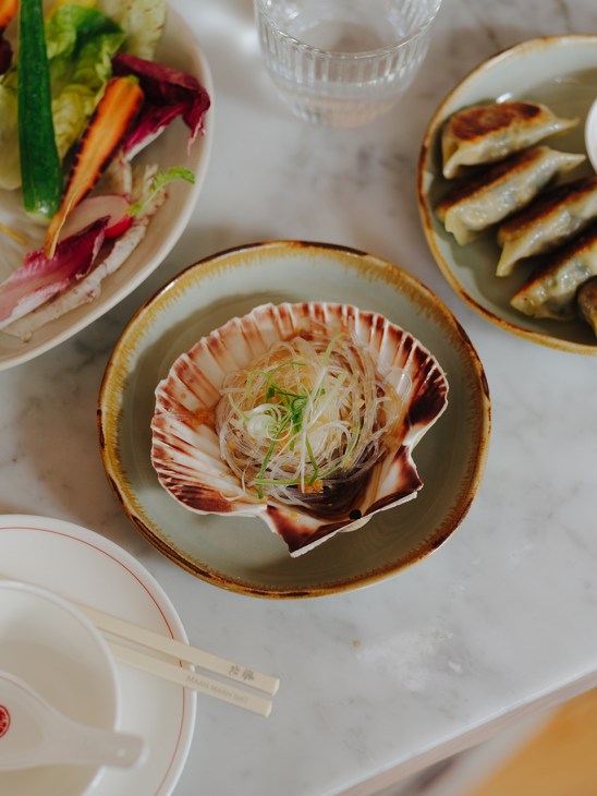 Noodles in a clam shell served at Poon’s, Somerset House, London