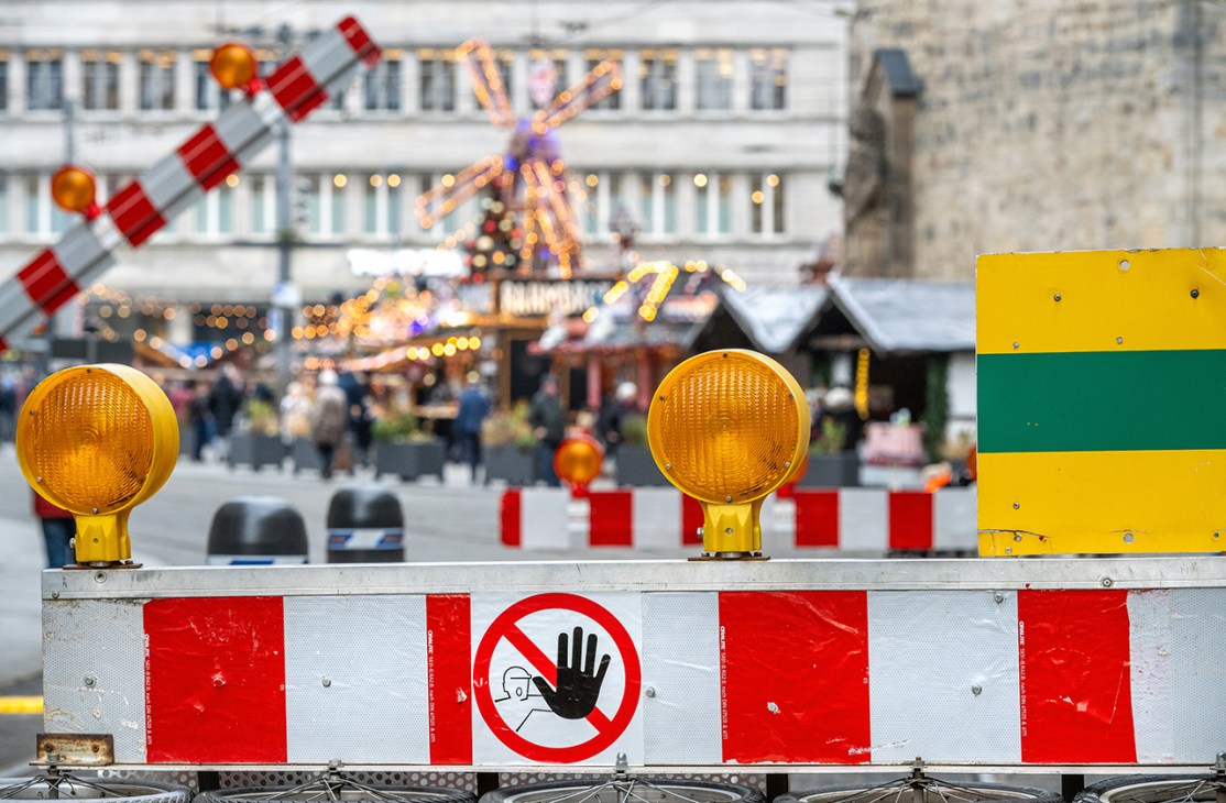 HALLE, GERMANY - NOVEMBER 26: New security systems involving barriers and road level nail traps have been placed at the road entrances to the Christmas Market to restrict vehicle access with public trams being the only exception on November 26, 2025 in Halle (Saale), Saxony-Anhalt, Germany. Many German Christmas markets are having to  increase their security measures following the Magdeburg Christmas market attack last year. On December 20, 2024 Taleb al-Abdulmohsen drove a car into the crowded open-air market, killing six people and injuring over 300. The city of Halle has experienced a terror attack back in October 2019 during the Jewish holiday of Yom Kippur when a Synagogue and Turkish restaurant were attacked by a far right gun man resulting in 2 fatalities. (Photo by Craig Stennett/Getty Images)