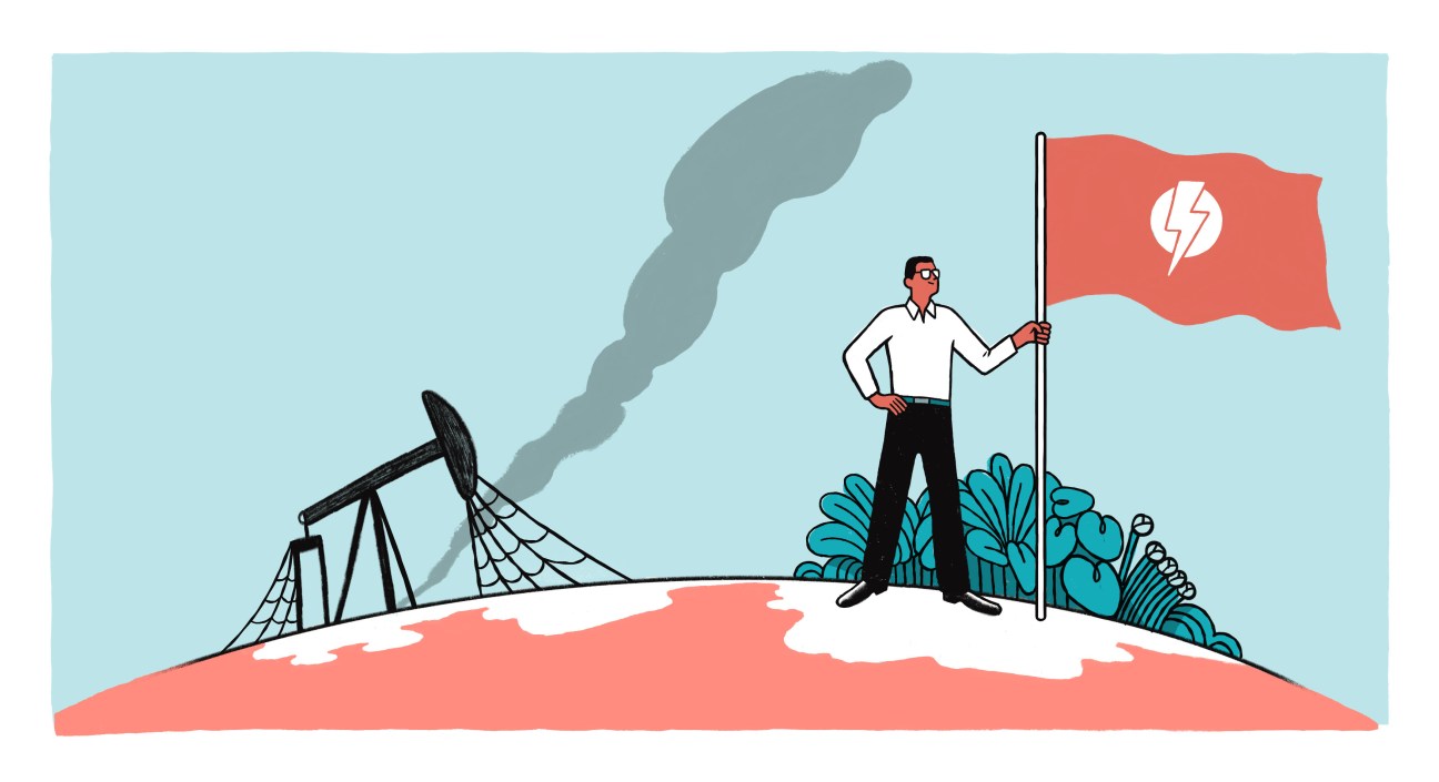 Illustration of a person planting a flag with an electrical volt symbol on it 