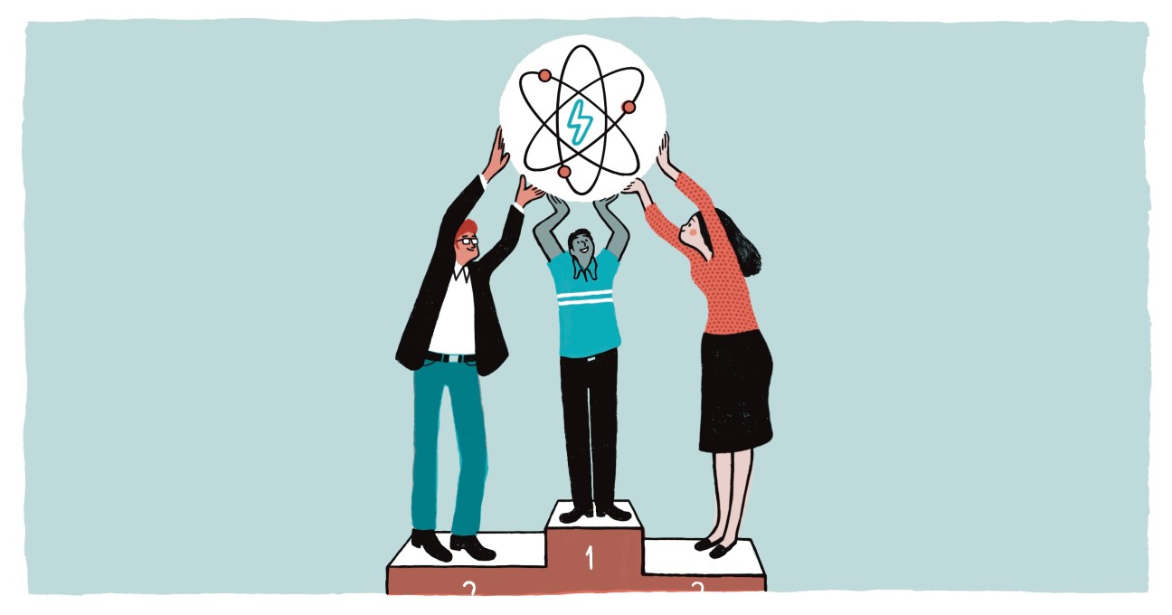 Illustration of 3 people on a medalists' podium, holding an atom with electricity voltage symbol