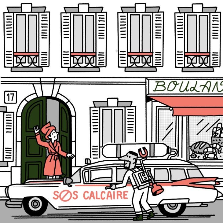 illustration of a parisian woman at an apartment building waving to SOS Calcaire car