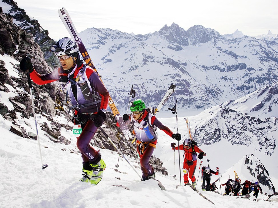Racers of the Glacier Patrol race climb the Rosablanche pass on April 22, 2010. The Glacier Patrol (Patrouille des Glaciers) organized by the Swiss Army sees highly-experienced hiker-skiers trek across the Haute Route along the Swiss-Italian border from Zermatt to Verbier. 
