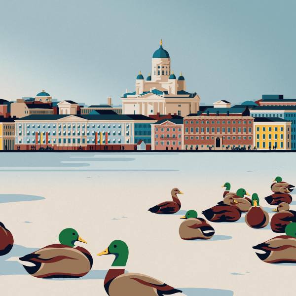 An illustration of a frozen lake in Helsinki