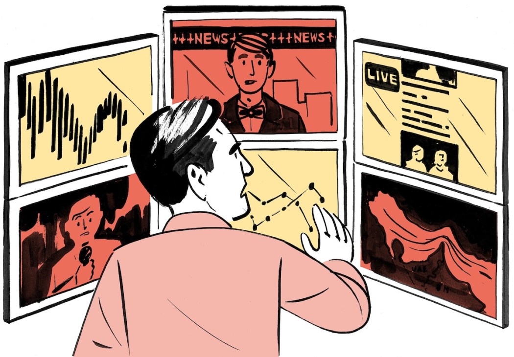 Illustration of a man watching multiple screens