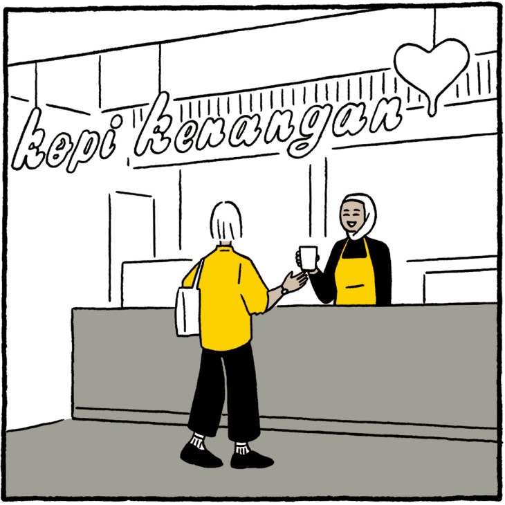 Illustration of customer buying Kopi Kenangan coffee