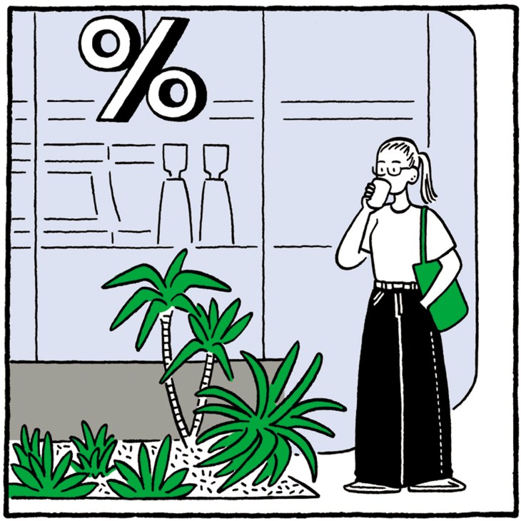 Illustration of woman outside % coffee Japan