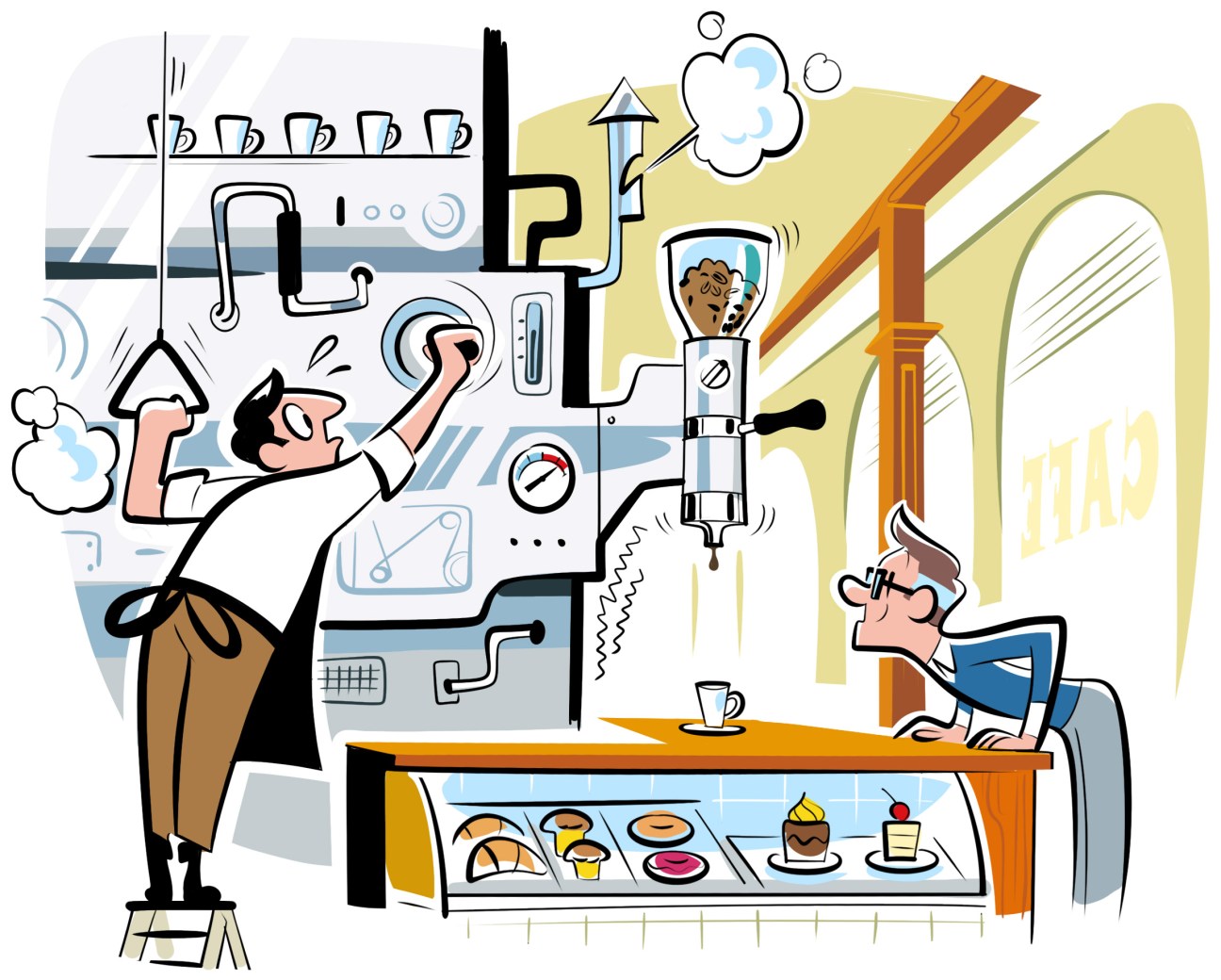 Illustration of Andrew Tuck in a coffee shop