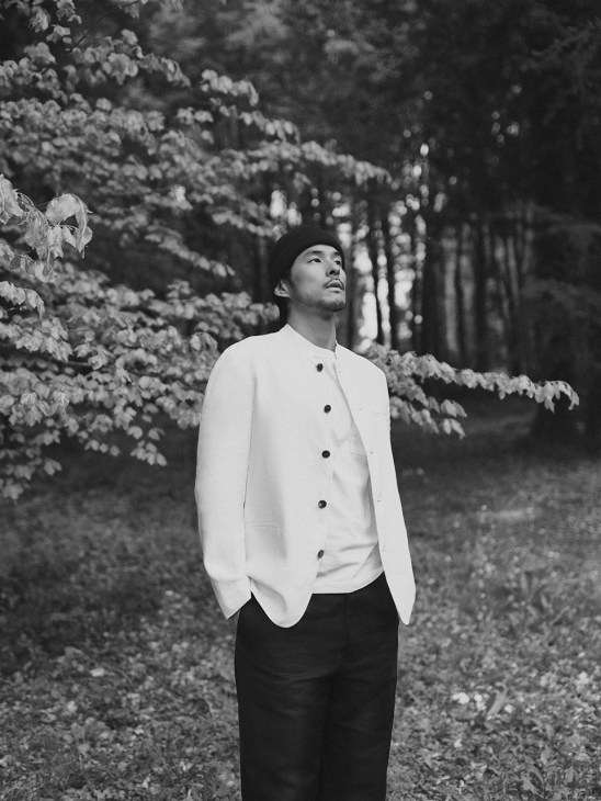 Jacket, trousers and beanie by Loro Piana, T-shirt by Merz b Schwanen