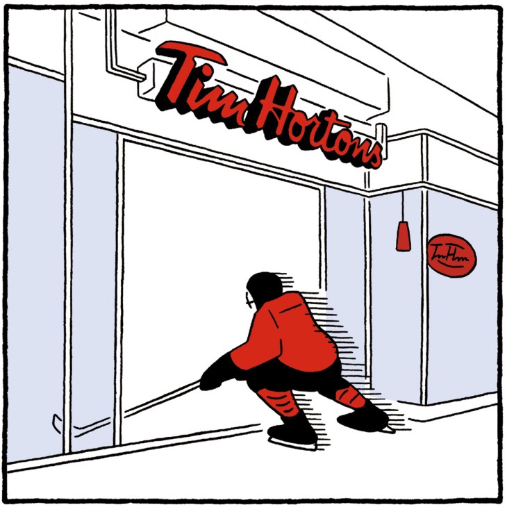 Tim Horton's coffee with an ice hockey player outside