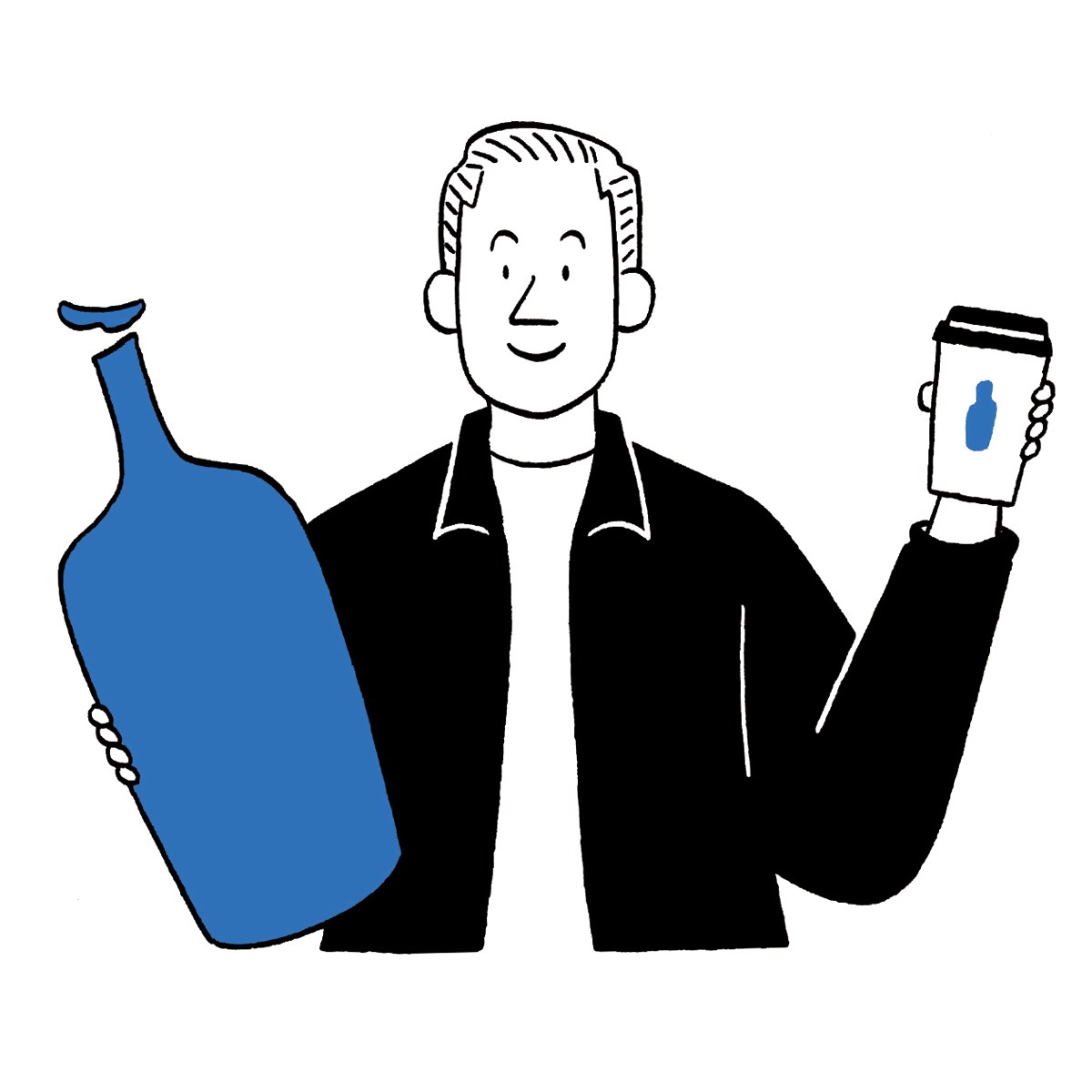 Illustration of person holding a blue bottle and Blue Bottle Coffee cup