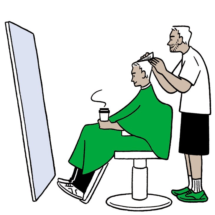 Illustration of person getting their hair done in the back of a Williamsburg barbershop, where former Stumptown barista Dillon Edwards worked