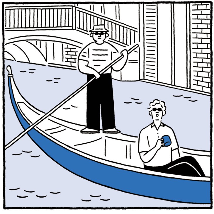 Illustration of a person drinking a coffee on a boat in Venice