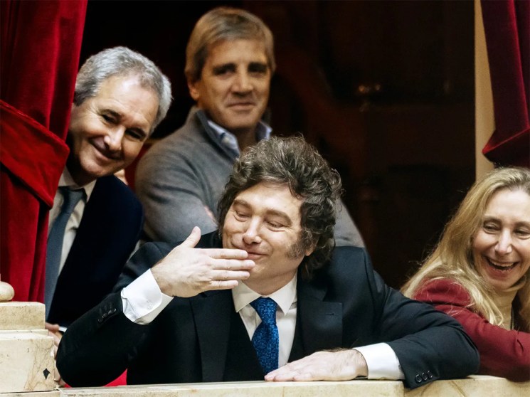 Javier Milei. Last laugh: Will Milei (centre) fall on his own chainsaw?