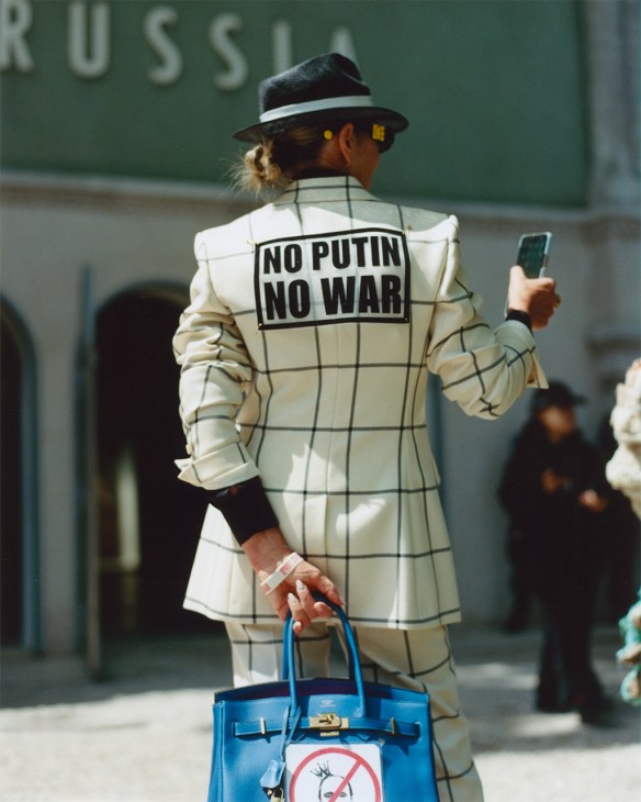 Protester outside Russia’s pavilion at 2026 Venice Art Biennale 