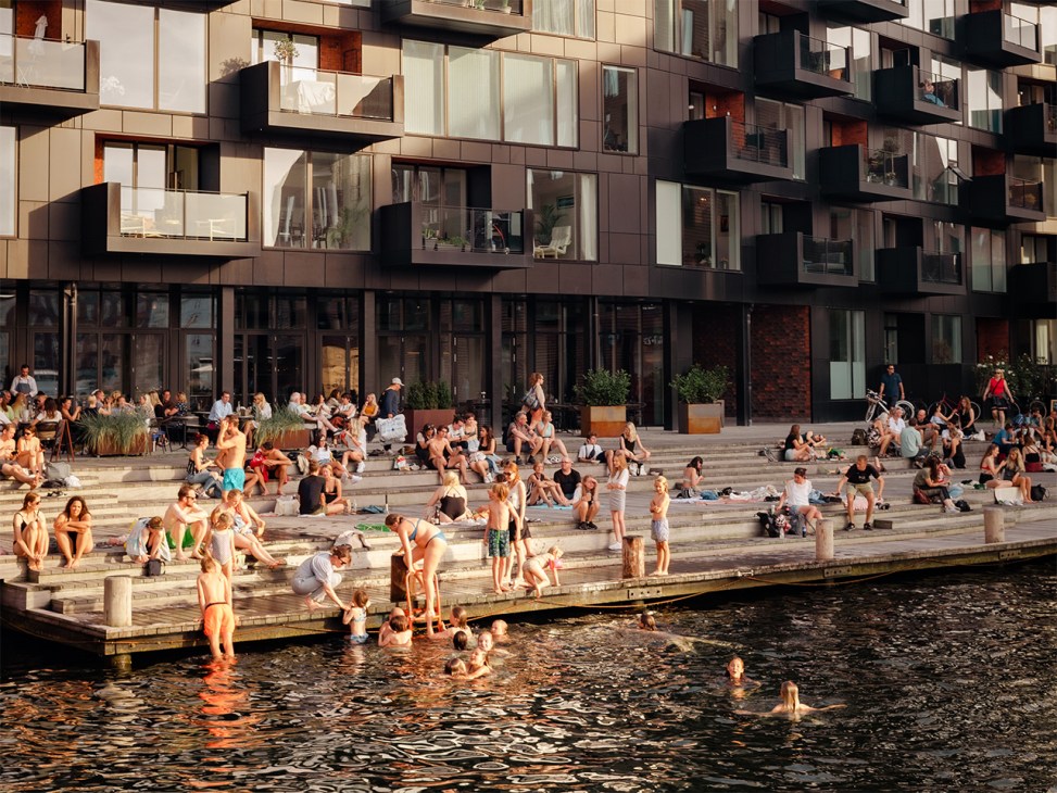 Harbourside life in Copenhagen’s Sydhaven neighbourhood, Copenhagen, Denmark