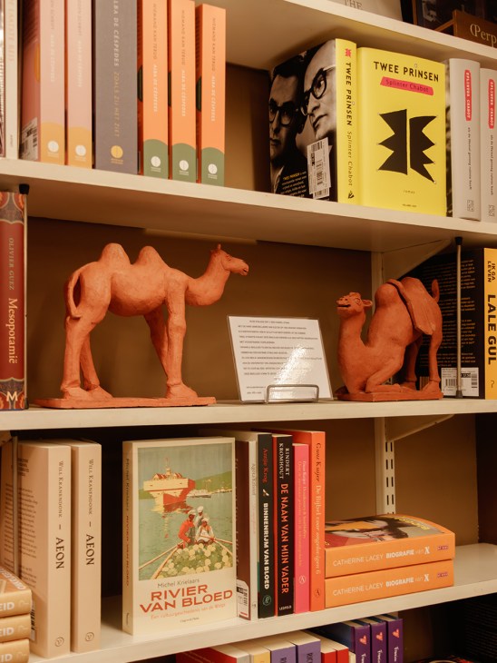 Books and camel-shaped candles on the shelves at Minerva book shop in Amsterdam