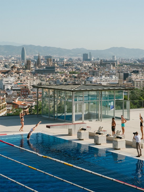 Swimming pool in Barcelona, Spain, with Sagrada Família in the background