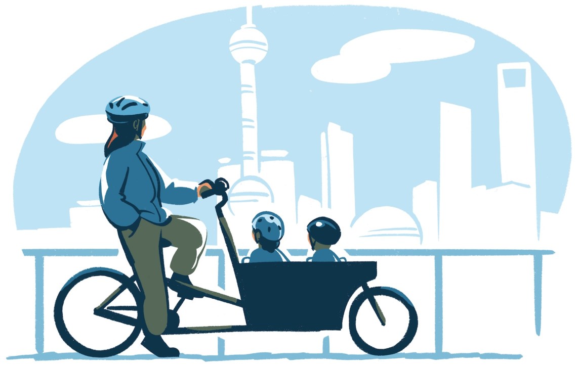 Cycling in cities - illustration of a person on a bicycle with two children in a cart in front