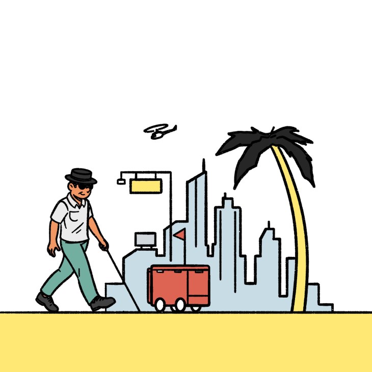 Illustration of a man walking a robot in LA
