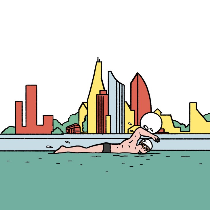Illustration of swimmer in sea lanes Canary Wharf London