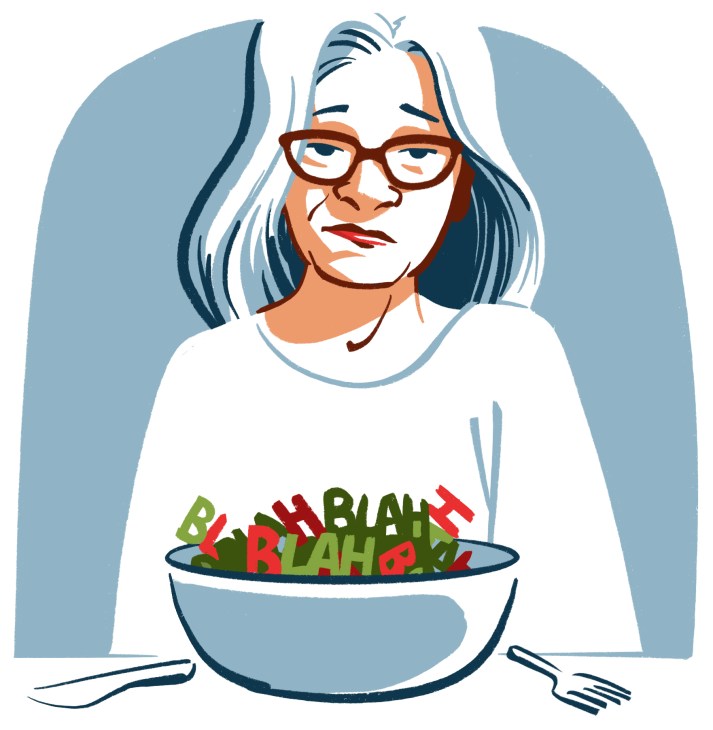 Illustration of a woman eating 'blah' cereal