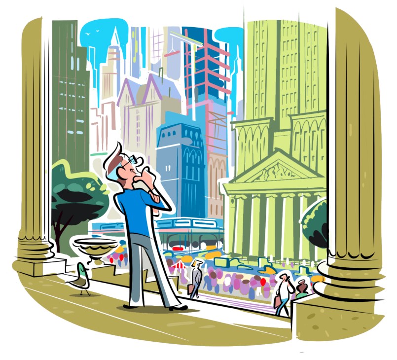 Illustration of Andrew Tuck looking at a building
