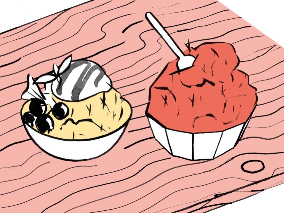 Illustration of two shaved ice cups on a table.