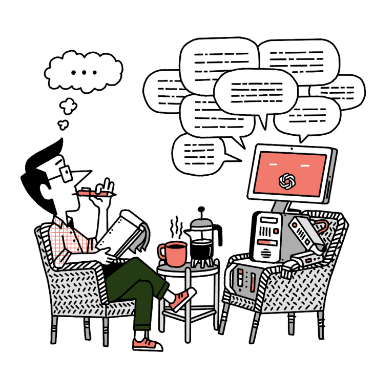 Illustration of Andrew Tuck thinking of ideas