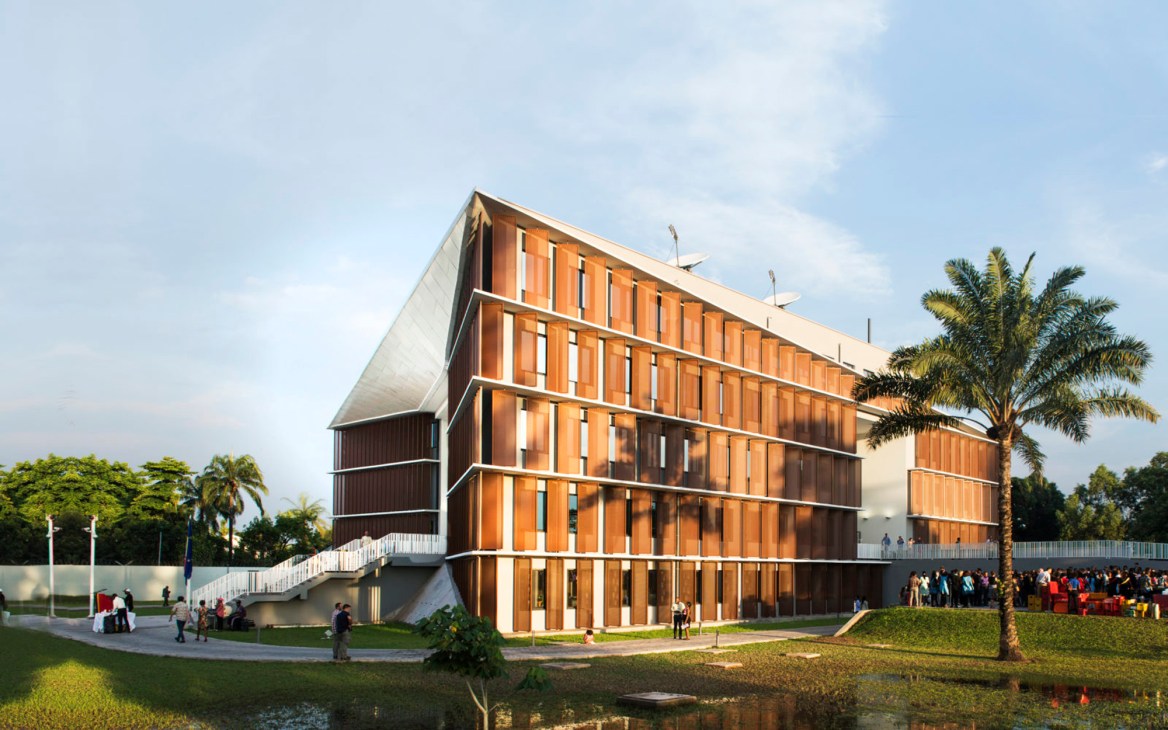 Modern architectural design of the Belgian-Dutch joint embassy building in Kinshasa